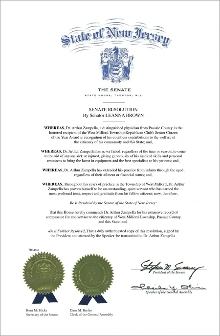 Dr Arthur Zampella Awarded NJ Senate Resolution